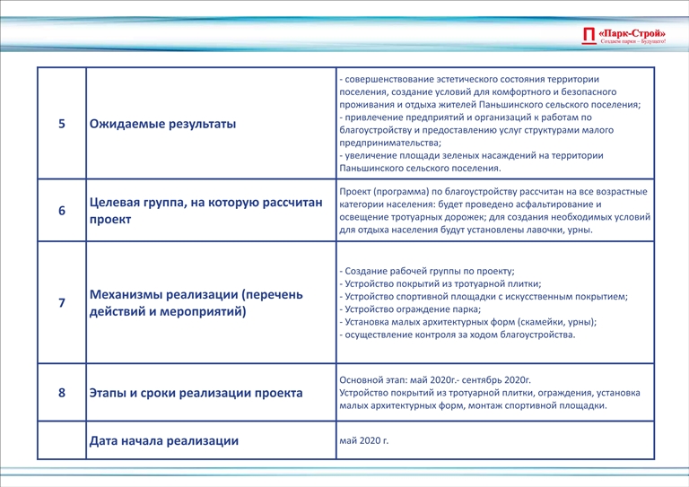 Проект по благоустройству парка в Паньшинском сельском поселении Городищенского муниципального района Волгоградской области 